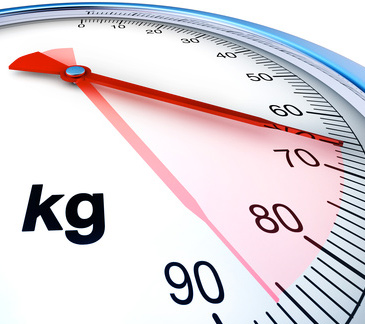 Die Waage zeigt den Bereich von leichtem bis starkem Übergewicht. Übergewicht ist abhängig von Körpergröße und Lebensalter, siehe auch BMI.